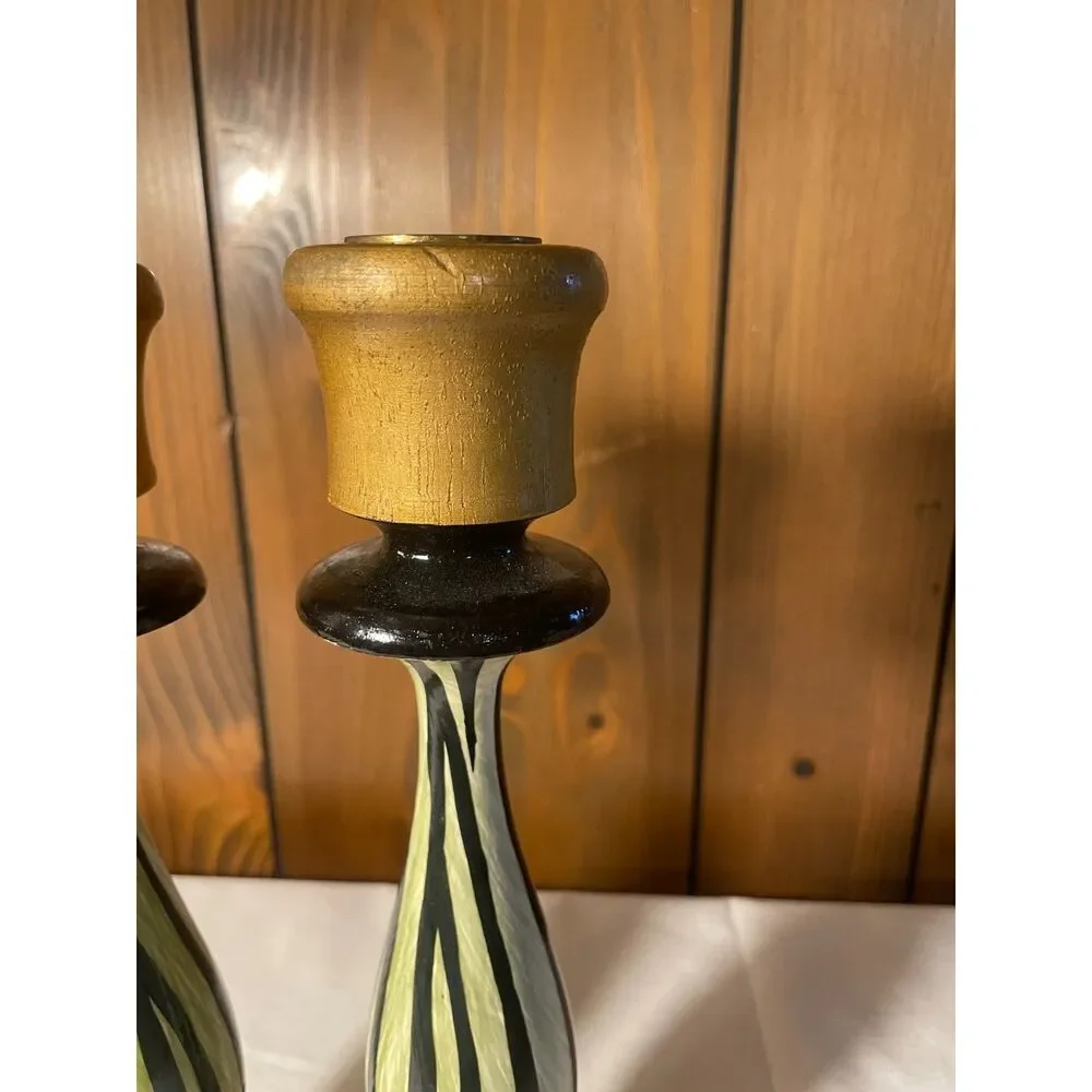Pair of hand-painted wooden candlesticks